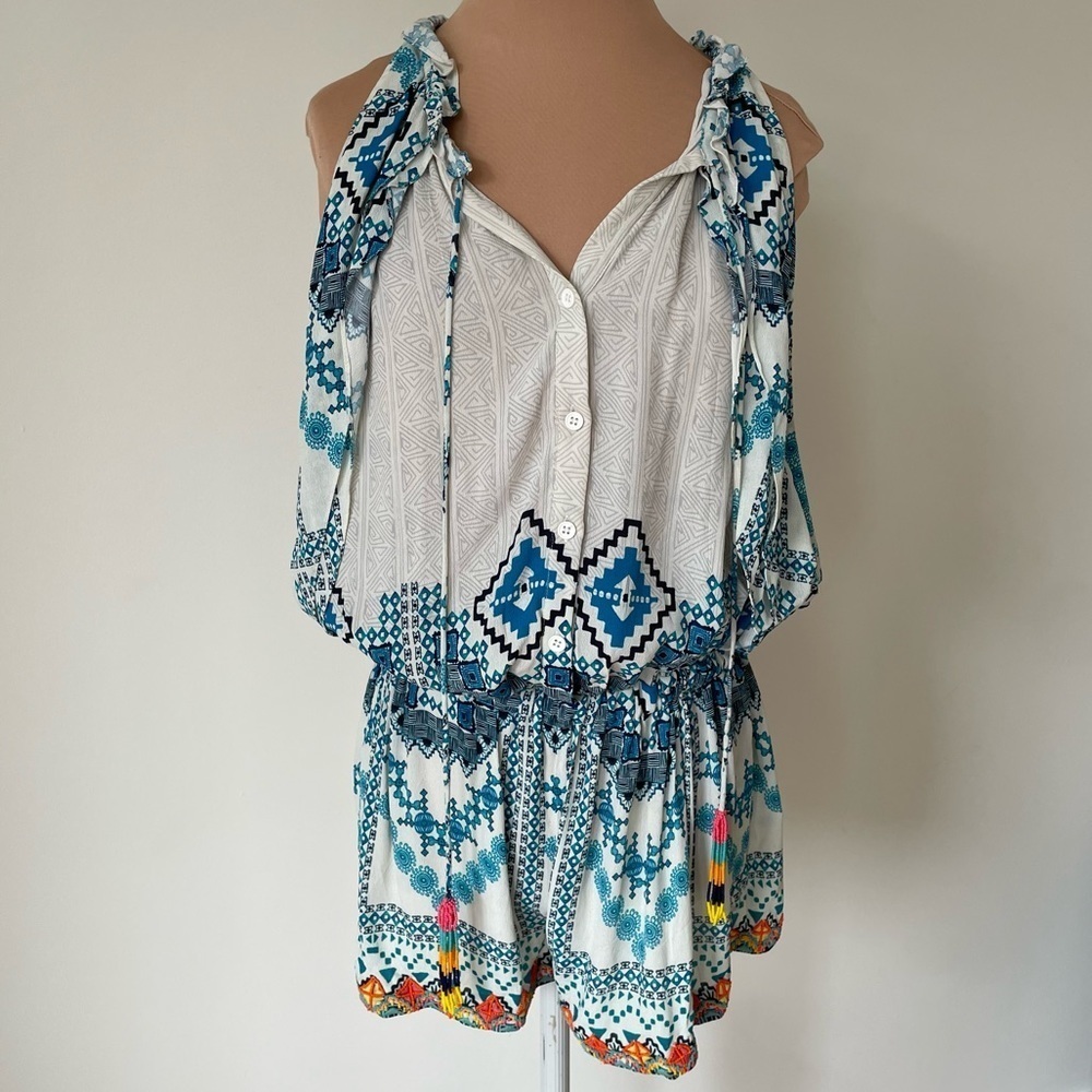 ROCOCO SAND White Blue Tribal Print Bead Embellished Open Back Halter Romper EUC